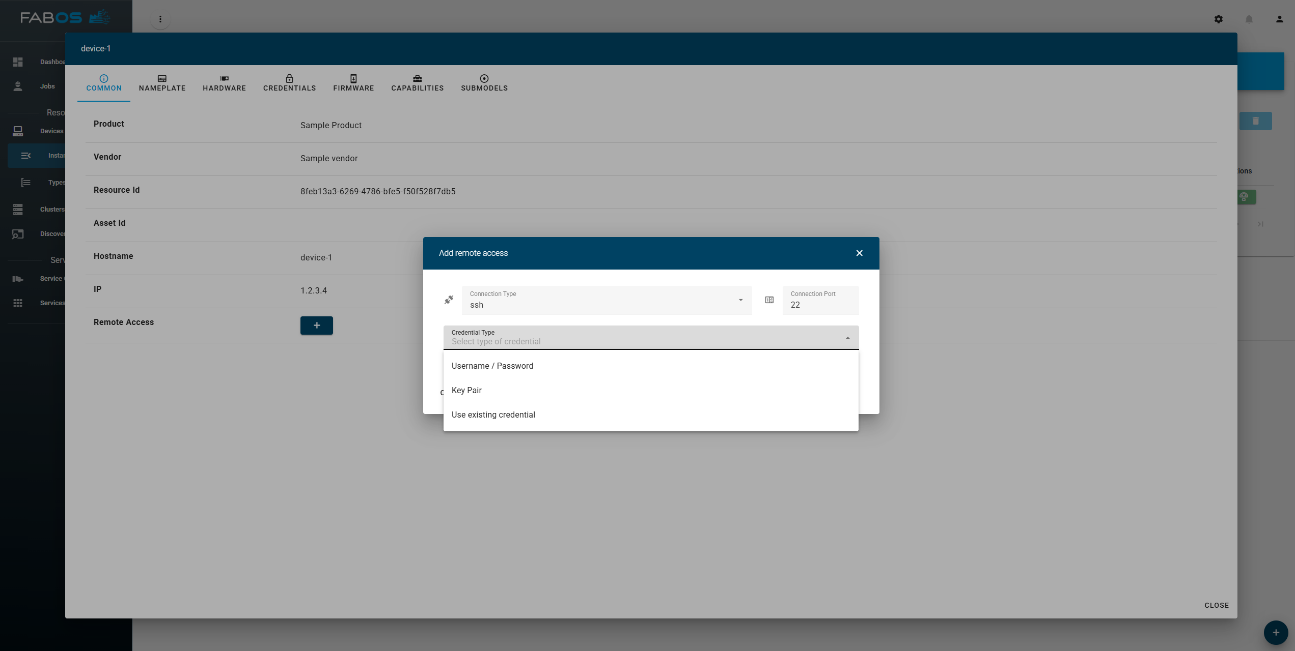Select credential type for remote access