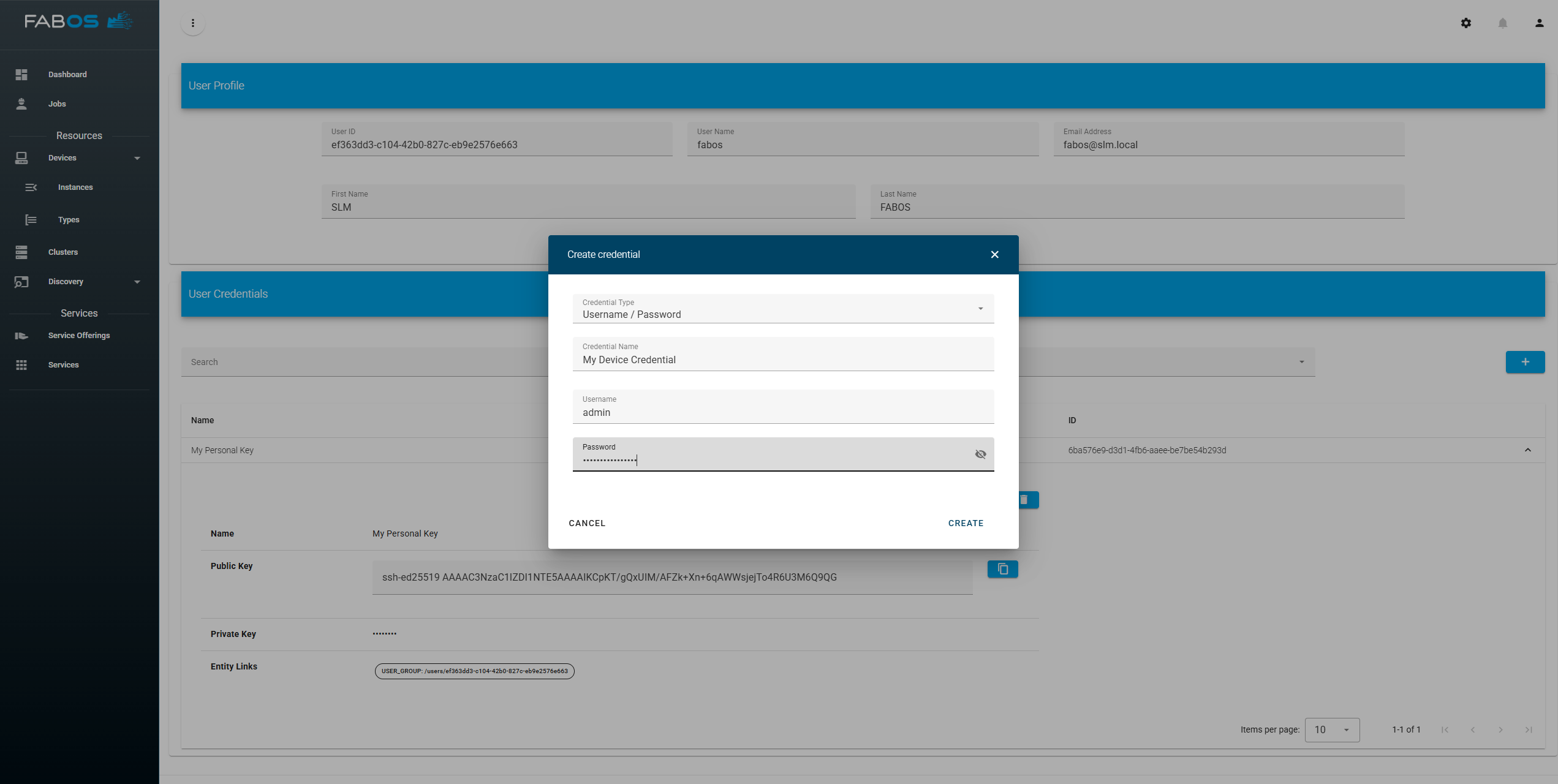 Create credential dialog