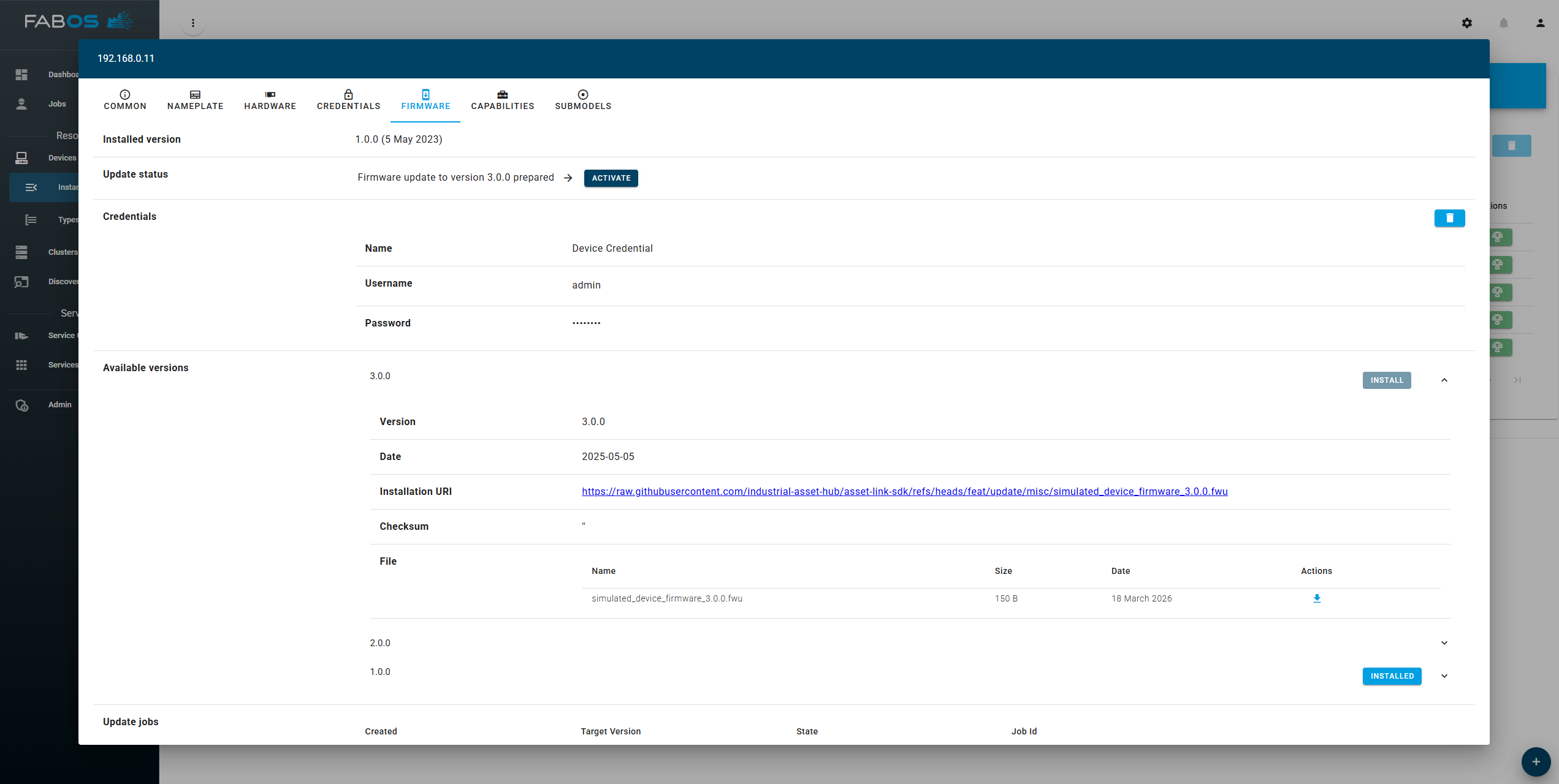 Firmware update activation with job status