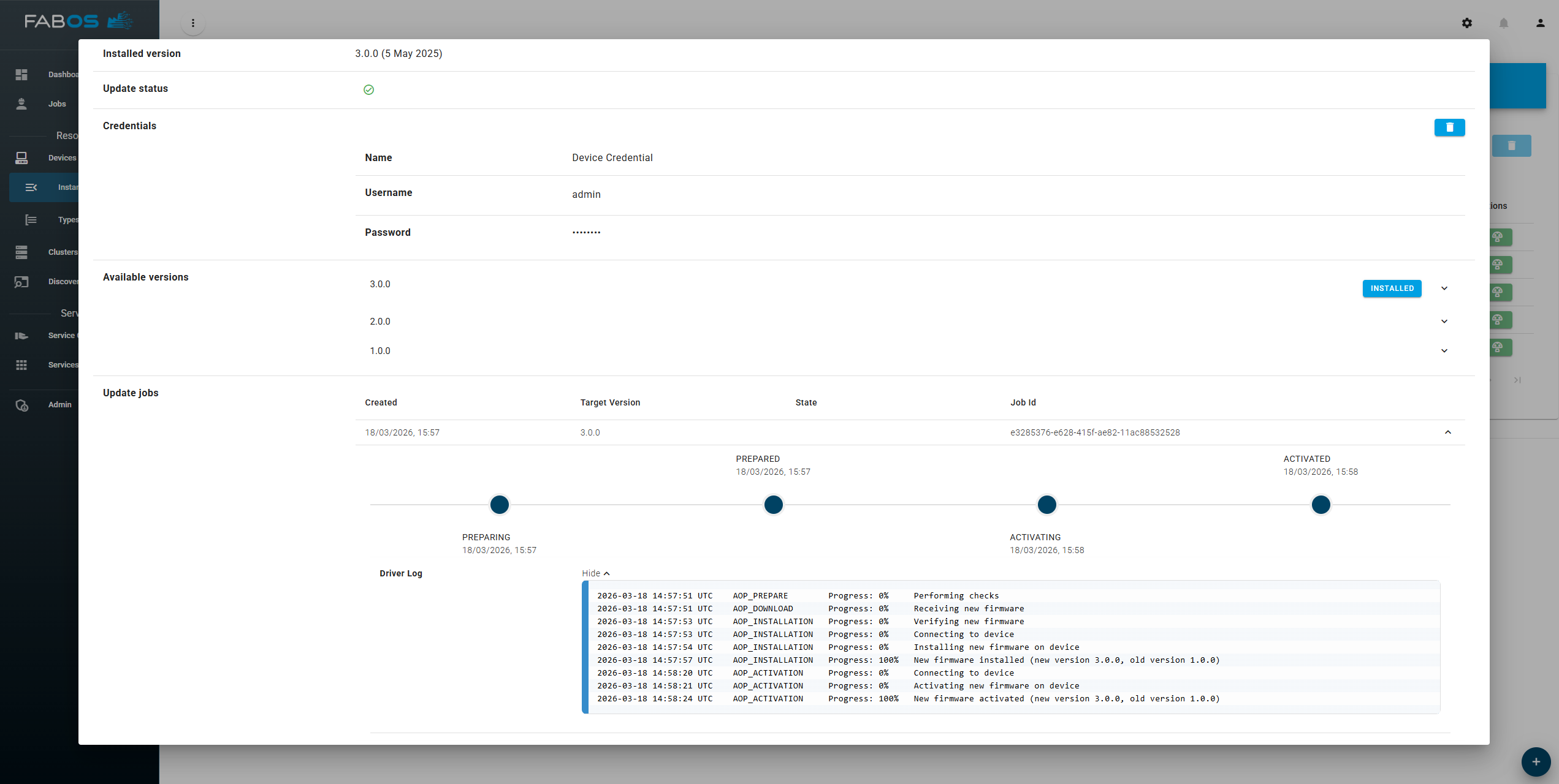 Completed firmware update in the device instance view