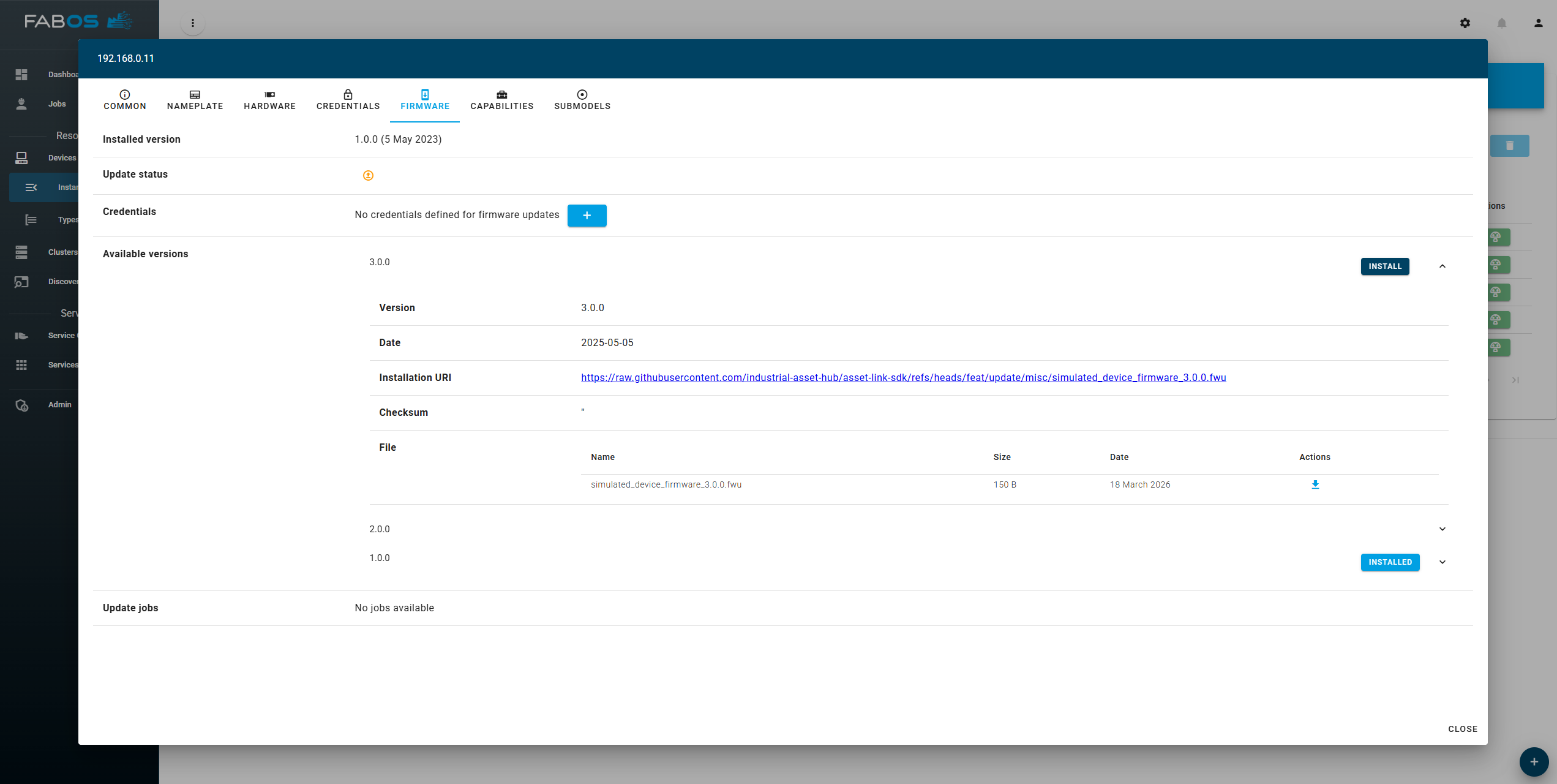 Overview in the firmware tab of a device instance
